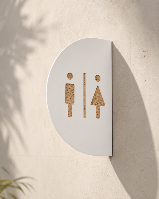 Señalador de Baños / Sanitarios Media Luna de Doble Cara en Metal y Corcho | Hoteles, Restaurantes y Espacios Comerciales