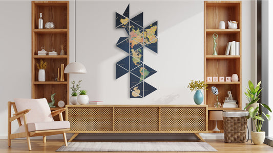 Mapamundi en Corcho Natural · Proyección Dymaxion Explotado · Colección Reforzada