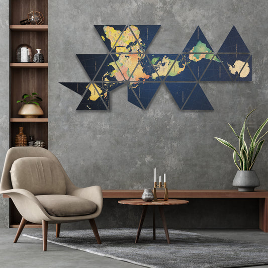 Mapamundi en Corcho Natural · Proyección Dymaxion Explotado · Colección Reforzada